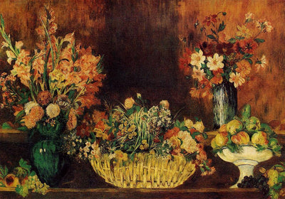 Vase, Basket of Flowers and Fruit in entryway