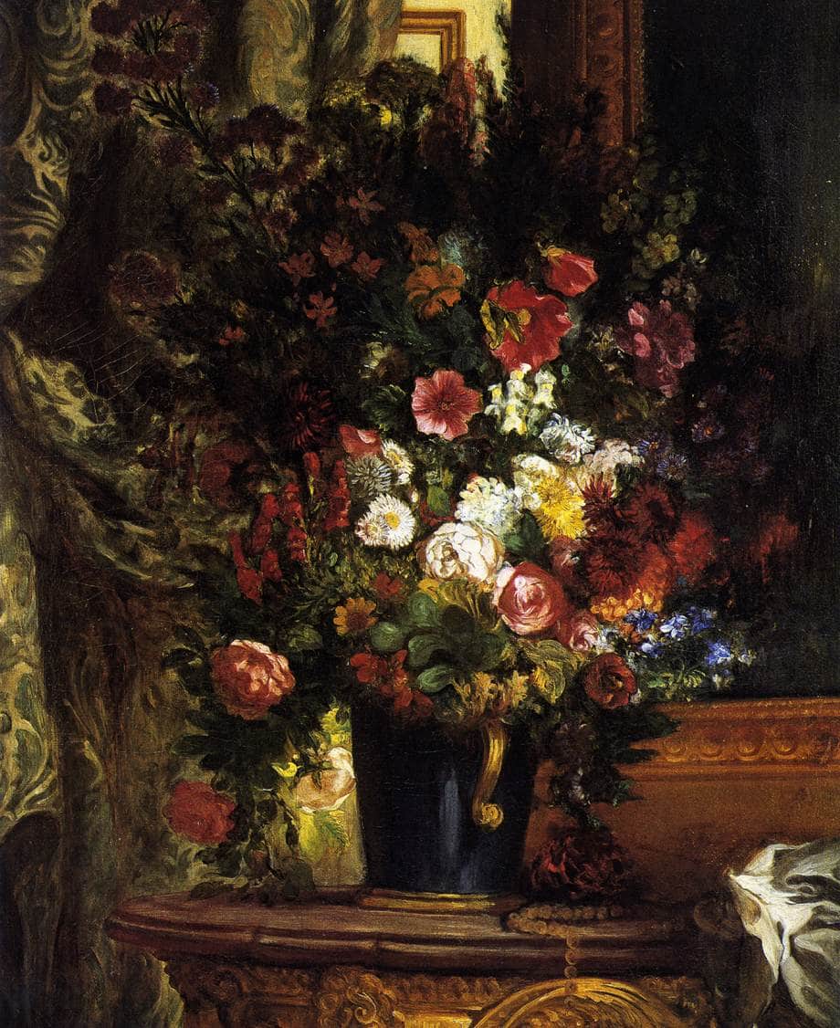 Vase of Flowers on a Console by Eugene Delacroix — hand-painted botanical oil painting reproduction on canvas