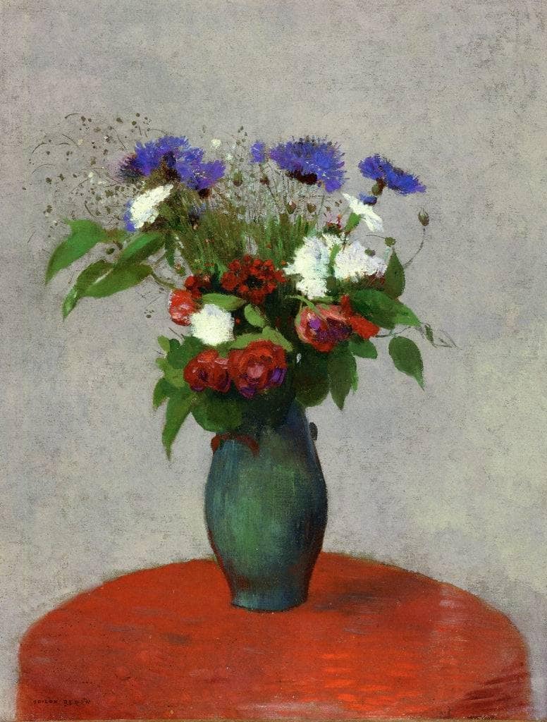 Vase of Flowers on a Red Tablecloth by Odilon Redon — hand-painted botanical oil painting reproduction on canvas