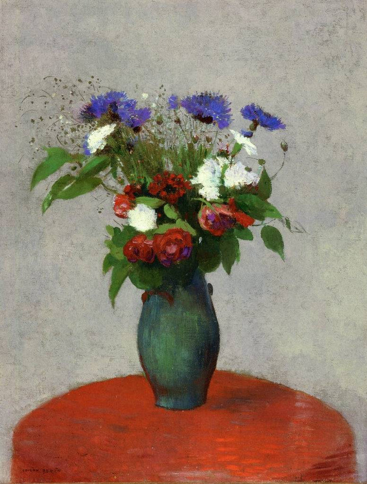 Vase of Flowers on a Red Tablecloth - Odilon Redon