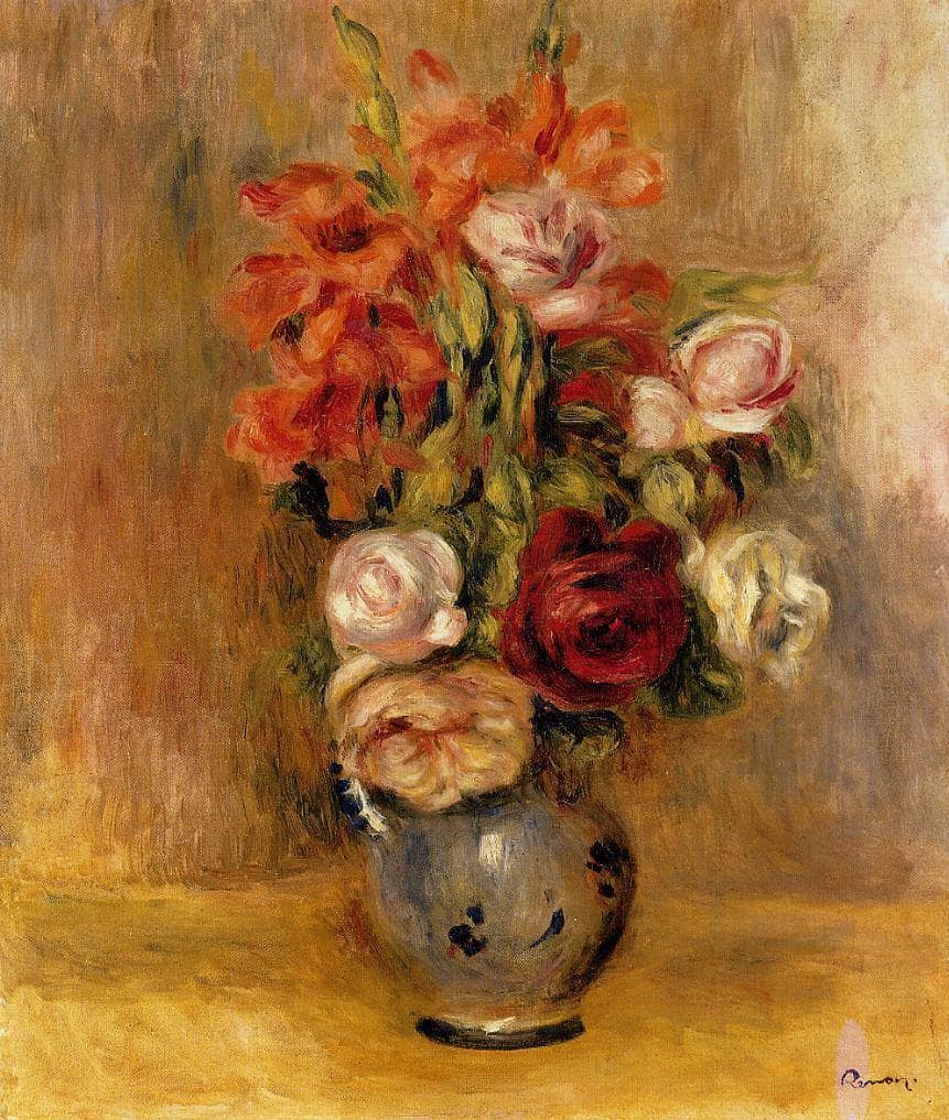 Vase of Gladiolas and Roses by Pierre-Auguste Renoir — hand-painted botanical oil painting reproduction on canvas