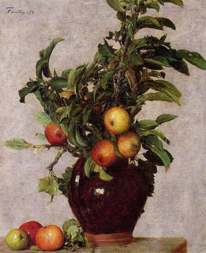 Vase with Apples and Foliage by Henri Fantin-Latour — hand-painted botanical oil painting reproduction on canvas