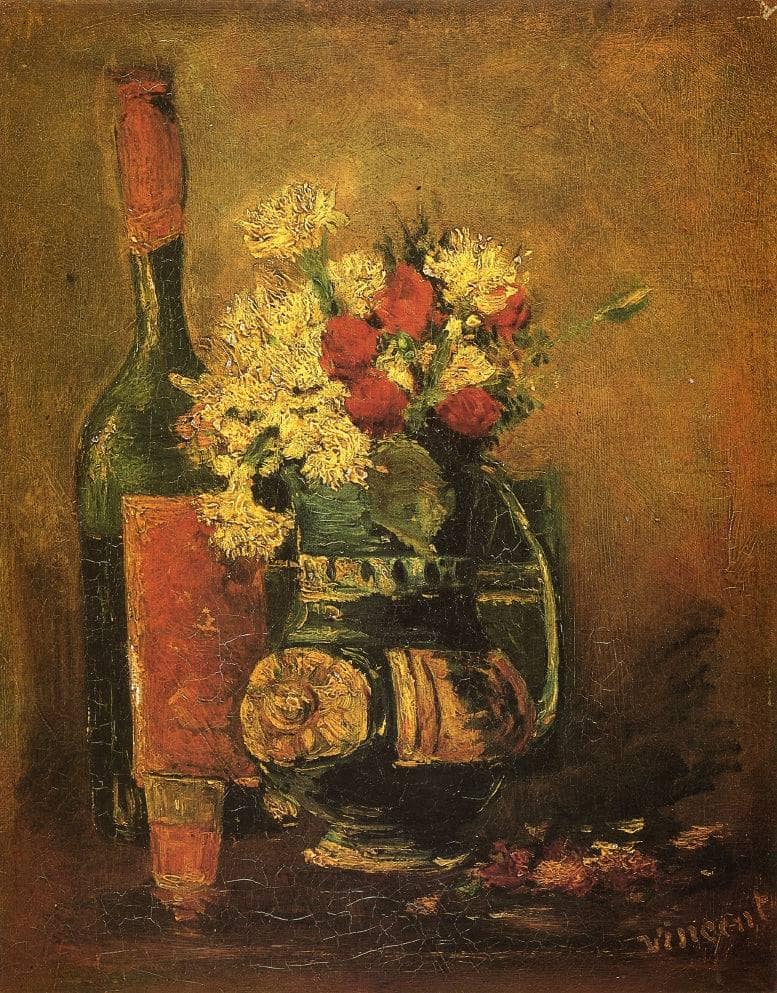 Vase with Carnations and Bottle by Vincent van Gogh — hand-painted botanical oil painting reproduction on canvas
