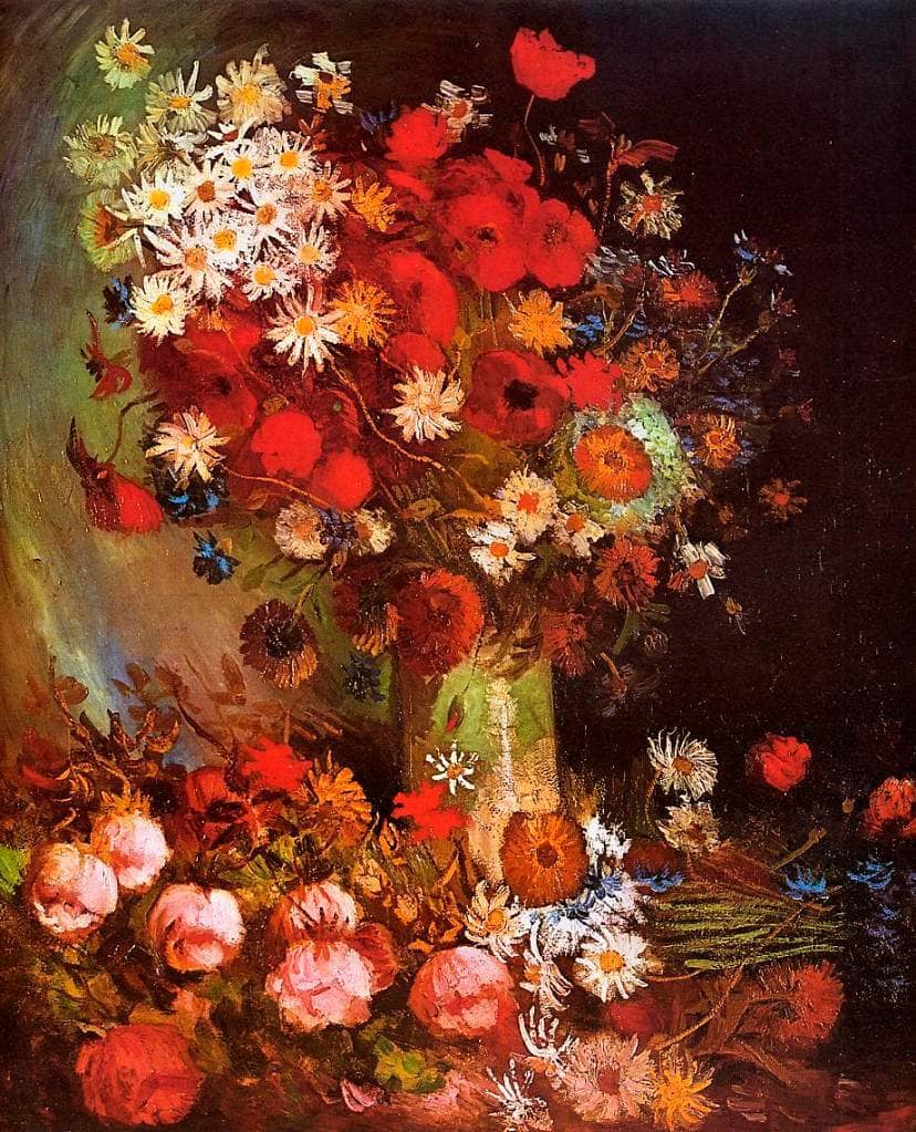 Vase with Poppies, Cornflowers, Peonies and Chrysanthemums