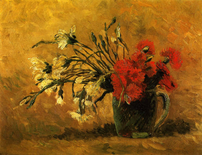 Vase with Red and White Carnations on a Yellow Background in living room