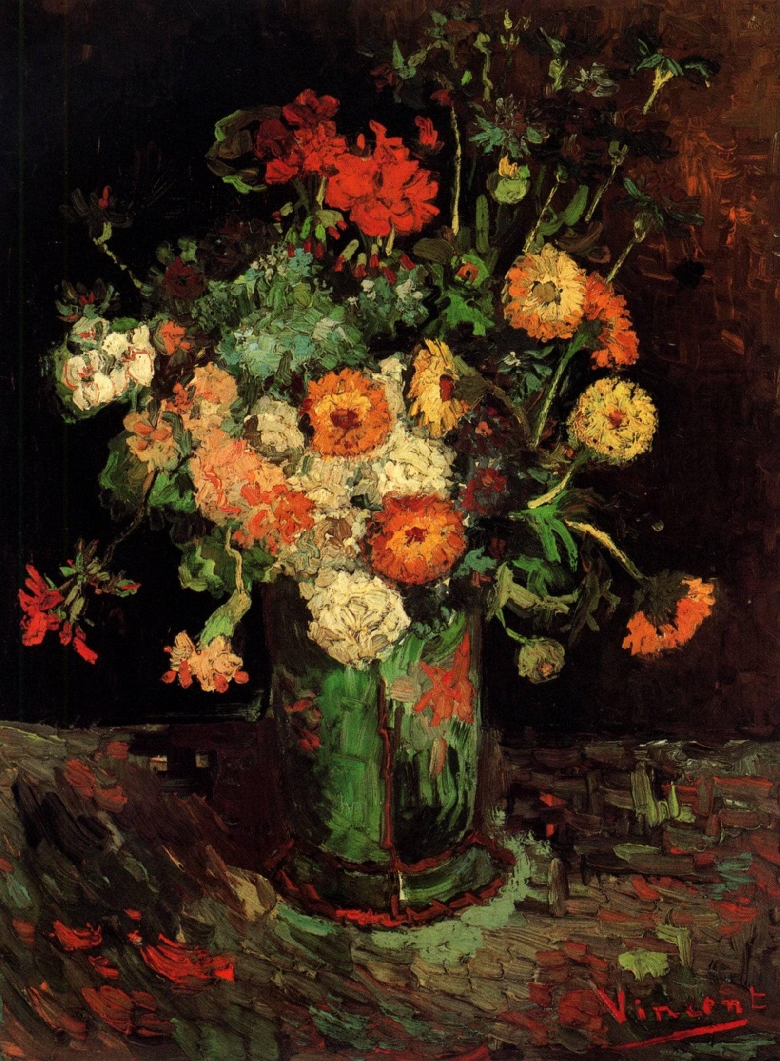 Vase with Zinnias and Geraniums