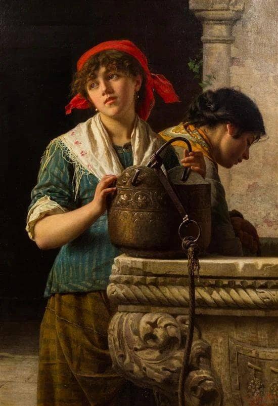 Venetian girls drawing water by Luigi Da Rios — hand-painted portrait oil painting reproduction on canvas