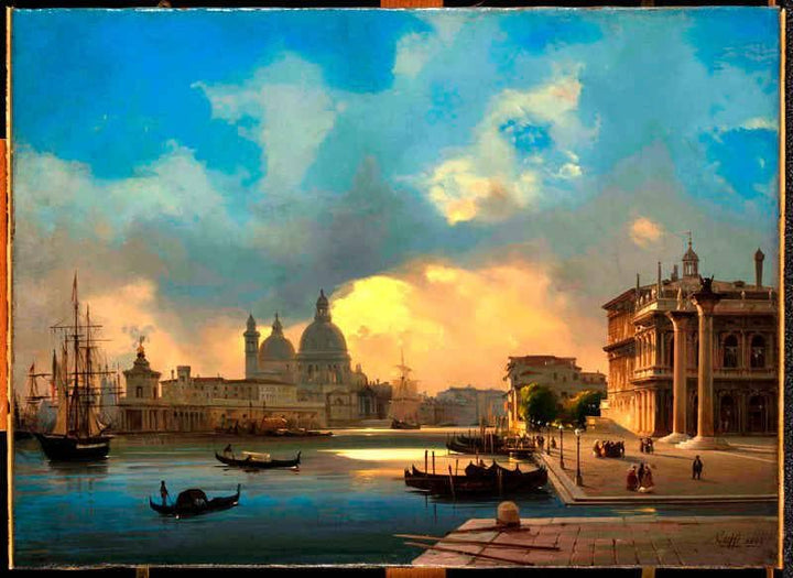 Venice, the pier at sunset by Ippolito Caffi — hand-painted landscape oil painting reproduction on canvas