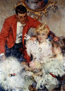 A man with two women in an interior by Umberto Veruda — group oil painting wall art, Realism