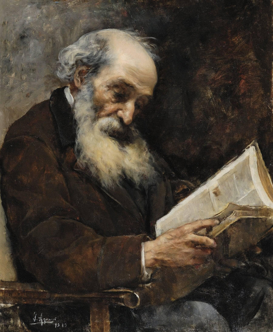 Old man reading a book by Joaquín Agrasot — hand-painted portrait oil painting reproduction on canvas