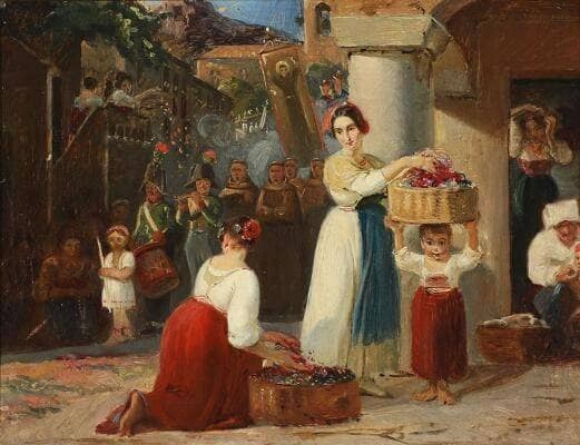 View from an Italian town with a Corpus Christi procession moving through the streets by Ernst Meyer — hand-painted portrait oil painting reproduction on canvas