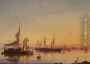 View From The Swedish Coast Towards Kronborg Castle by Carl Frederik Sorensen — ships oil painting wall art, Romanticism