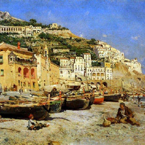 View of Amalfi with boats by Vincenzo Caprile — Oil Painting Reproduction