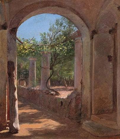 View of an Italian garden with the picturesque remains of a colonnade by Ernst Meyer — hand-painted architectural oil painting reproduction on canvas