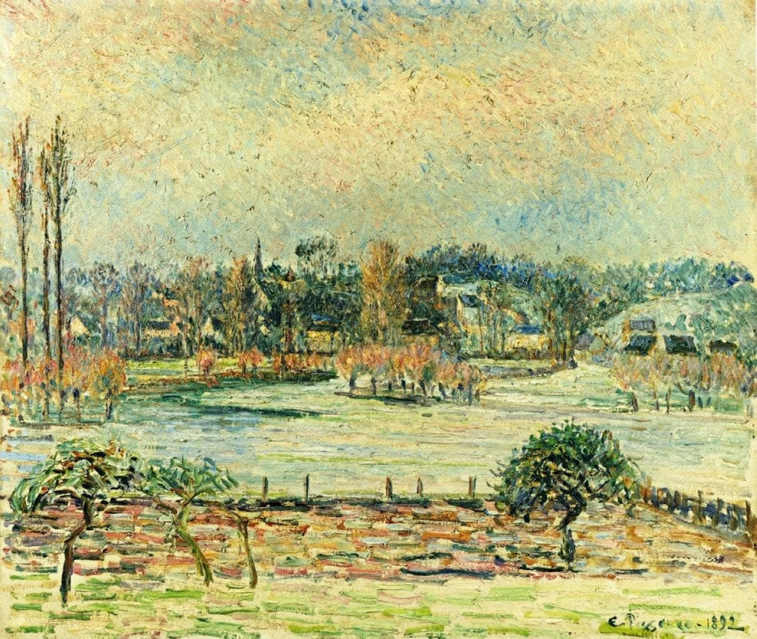 View of Bazincourt, Flood, Morning Effect by Camille Pissarro — hand-painted landscape oil painting reproduction on canvas