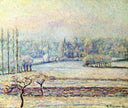 View of Bazincourt, Frost, Morning by Camille Pissarro — rural oil painting wall art, Impressionism