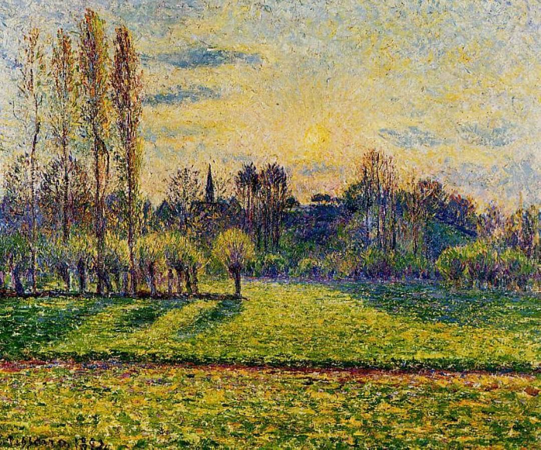 View of Bazincourt, Sunset - Camille Pissarro