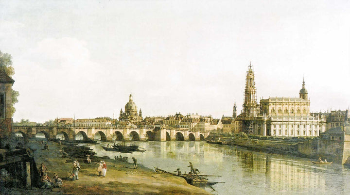 View of Dresden from the Right Bank of the Elbe with the Augustus Bridge by Bernardo Bellotto — hand-painted architectural oil painting reproduction on canvas