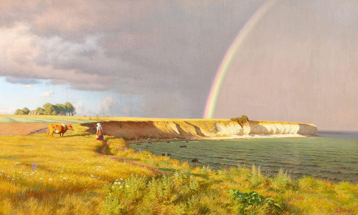 View of Møns Klint, Denmark, with rainbow by Ludvig Kabell — hand-painted landscape oil painting reproduction on canvas