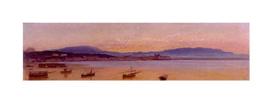 View of the city of Nettuno at dawn with fishing boats by Giovanni (Nino) Costa, oil painting reproduction