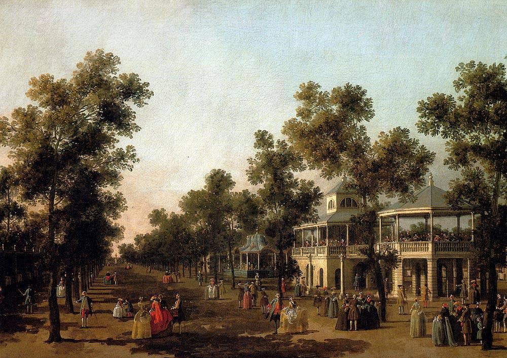 View of the Grand Walk, Vauxhall Gardens, with the Orchestra Pavilion, the Organ House, the Turkish Dining Tent and the Statue of Aurora by Canaletto — hand-painted botanical oil painting reproduction on canvas