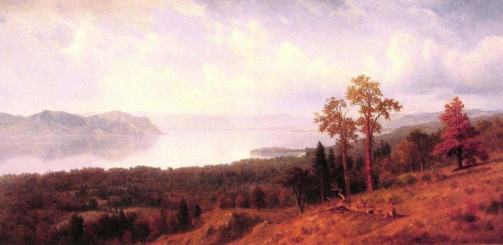 View of the Hudson Looking Across the Tappan Zee Towards Hook Mountain by Albert Bierstadt, hand-painted botanical oil painting reproduction on canvas