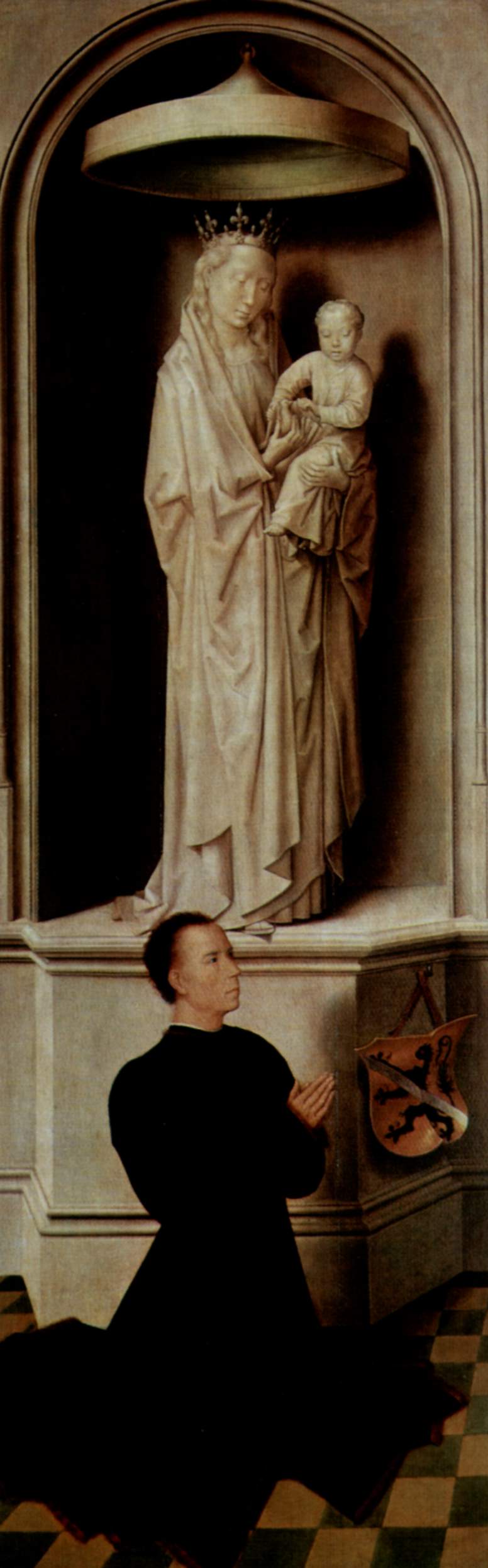 View of The Last Judgement with its panels closed, depicting the donors, Angelo di Jacopo Tani and his wife, Caterina de Tanagli, below the Madonna and Child and St. Michael by Hans Memling, hand-painted cultural oil painting reproduction on canvas