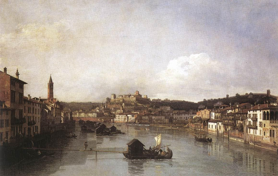 View of Verona and the River Adige from the Ponte Nuovo by Bernardo Bellotto — hand-painted architectural oil painting reproduction on canvas