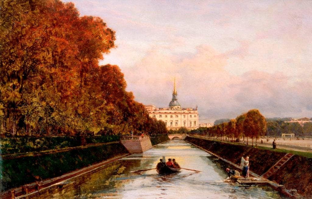 View to Michael's Castle in Petersburg from Lebiazhy Canal by Alexey Bogolyubov — hand-painted architectural oil painting reproduction on canvas
