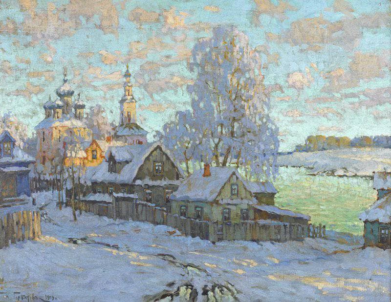 Village in the Winter Sun by Konstantin Gorbatov — hand-painted landscape oil painting reproduction on canvas
