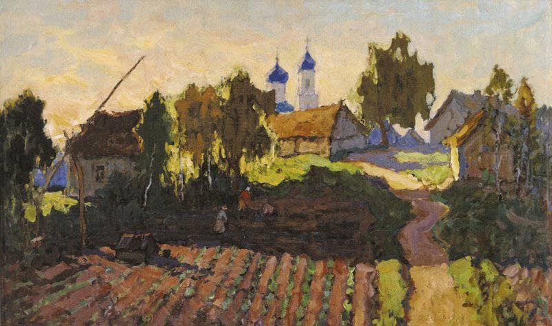 Village Landscape with Field and Church by Konstantin Gorbatov — hand-painted landscape oil painting reproduction on canvas