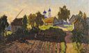Village Landscape with Field and Church by Konstantin Gorbatov — rural oil painting wall art, Post Impressionism