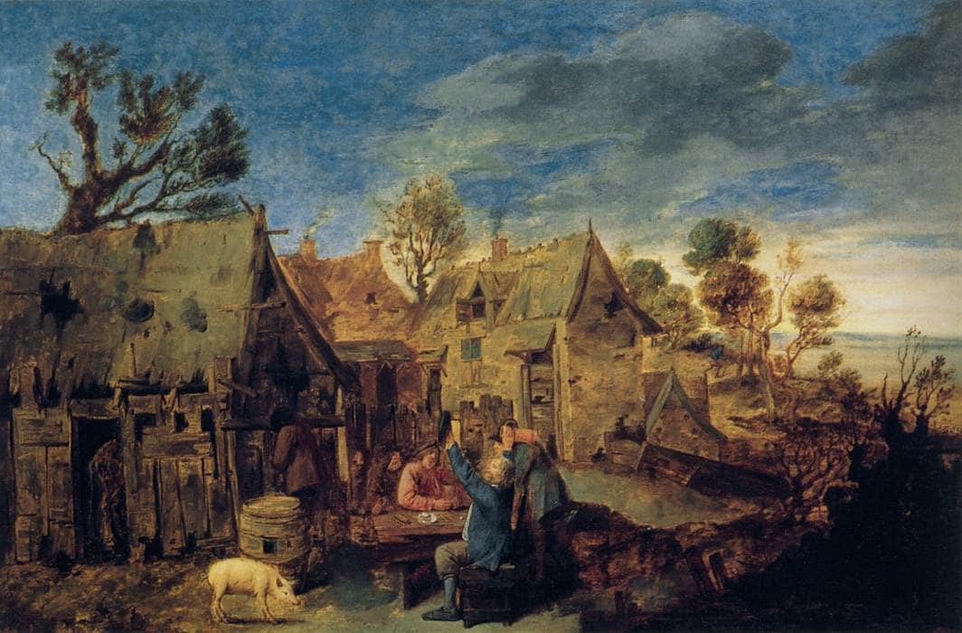 Village Scene with Men Drinking - Adriaen Brouwer