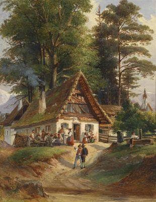 Village Tavern by Johann Nepomuk Passini — hand-painted landscape oil painting reproduction on canvas