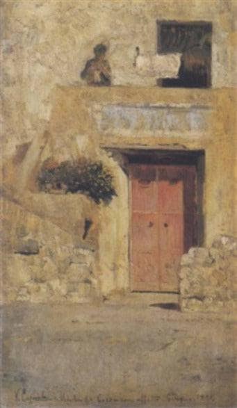 The red door by Vincenzo Caprile — hand-painted architectural oil painting reproduction on canvas