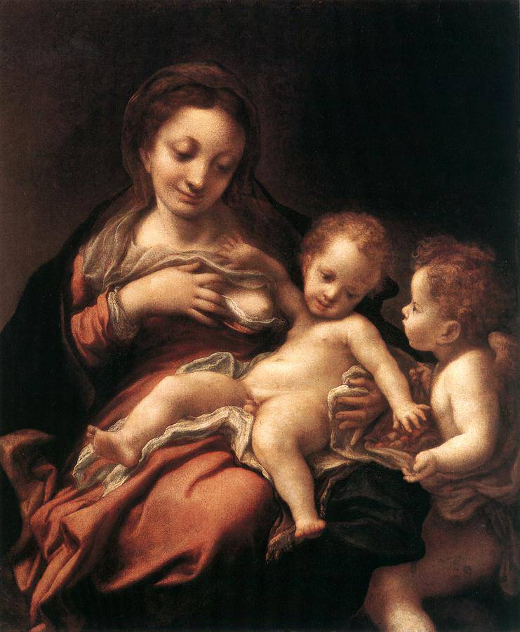Virgin and Child with an Angel by Correggio — hand-painted cultural oil painting reproduction on canvas