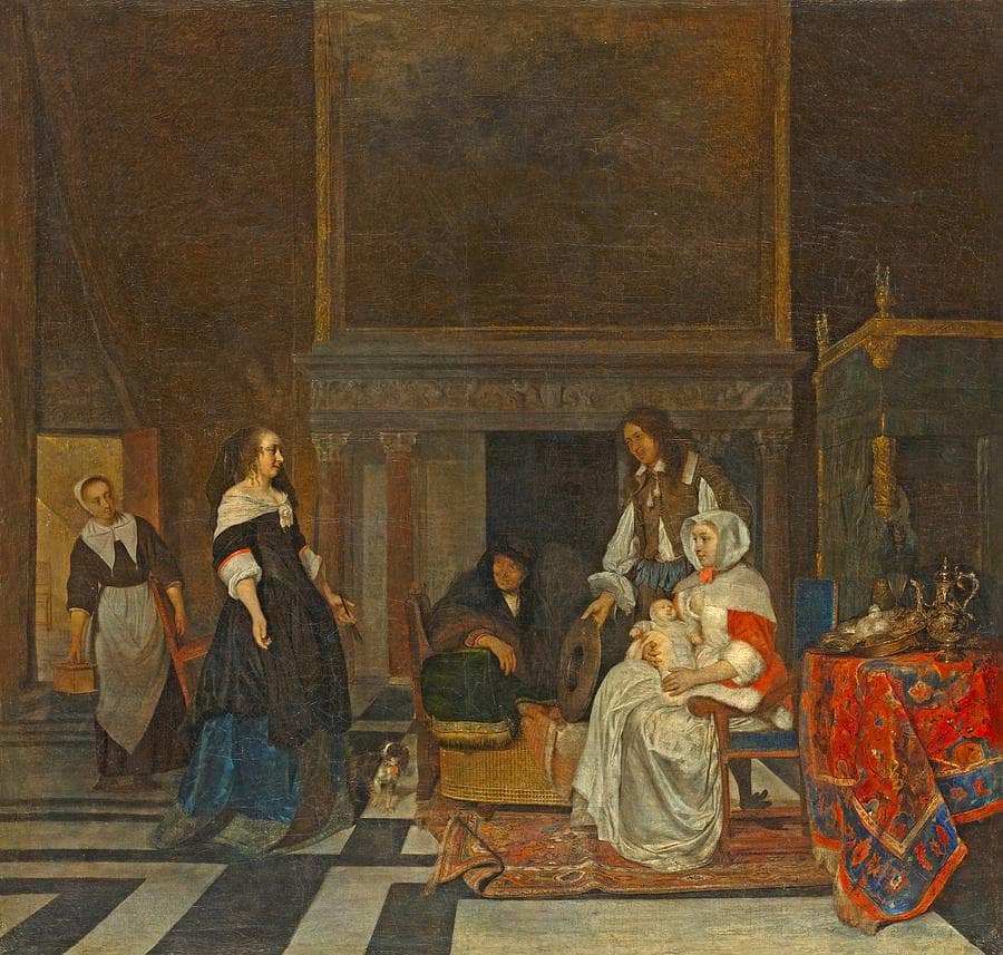 Visit to the Nursery, after the Birth of Sara Hinlopen by Gabriel Metsu — hand-painted portrait oil painting reproduction on canvas