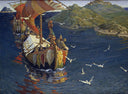 Visitors from over the sea by Nicholas Roerich — ships oil painting wall art, Art Nouveau Modern