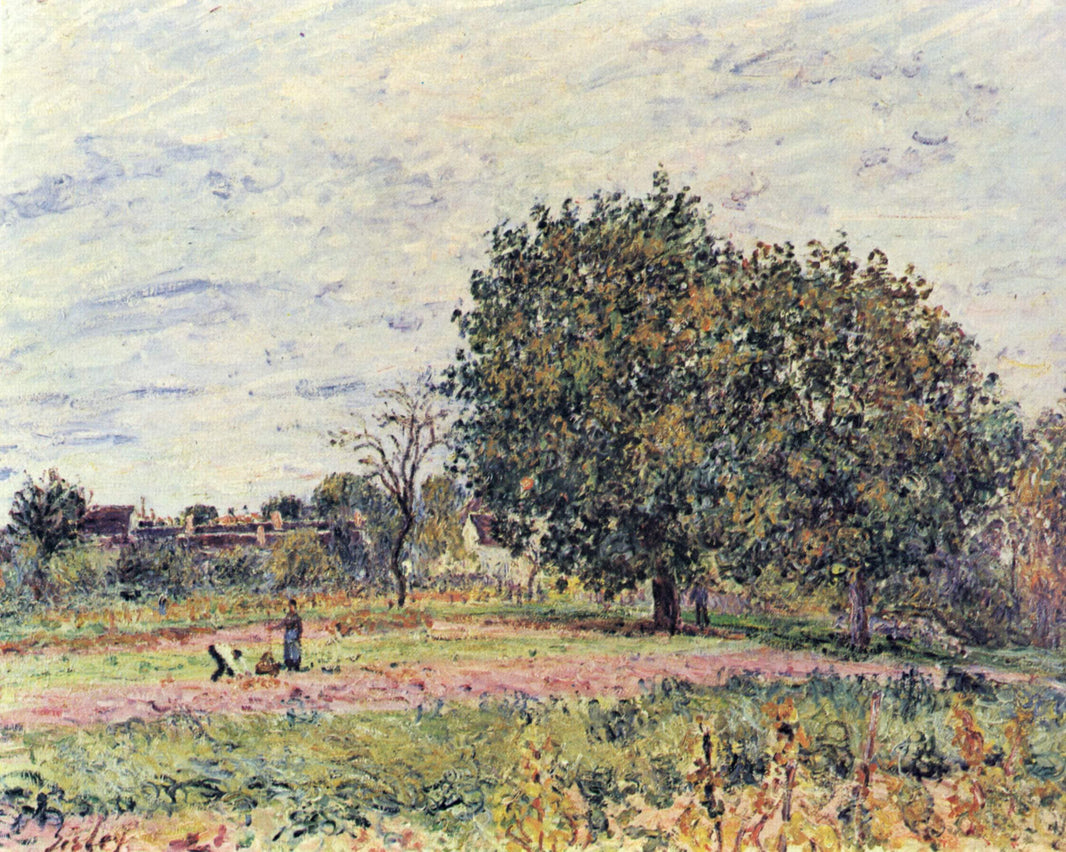 Walnut trees at sunset in early October by Alfred Sisley — hand-painted botanical oil painting reproduction on canvas
