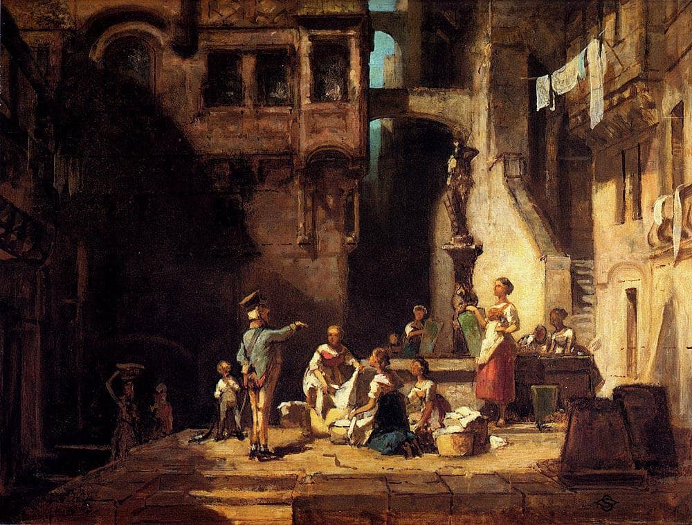 Washerwomen at the Well by Carl Spitzweg — hand-painted architectural oil painting reproduction on canvas