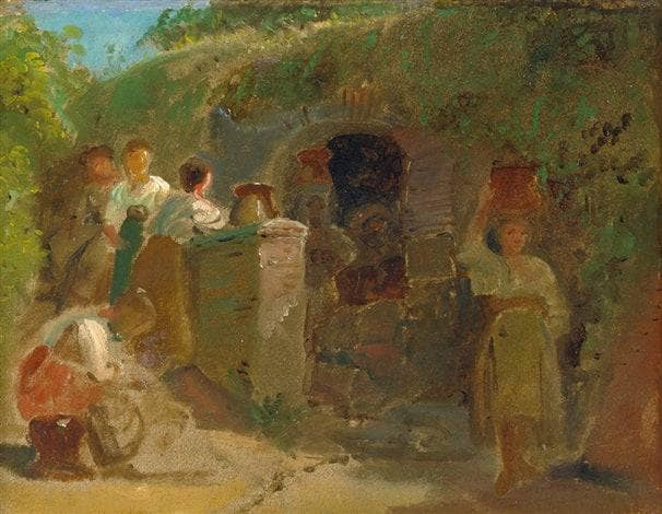 Water carriers at a well in the Roman Campagna by Ernst Meyer — hand-painted landscape oil painting reproduction on canvas