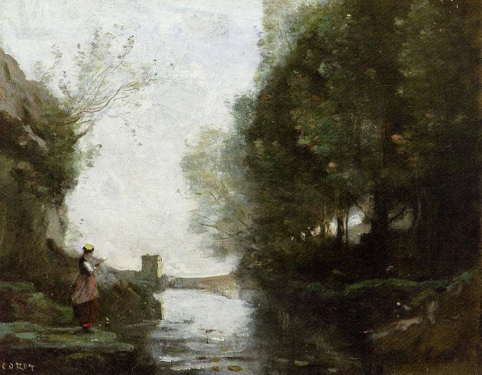 Watercourse leading to the Square Tower by Camille Corot — hand-painted botanical oil painting reproduction on canvas