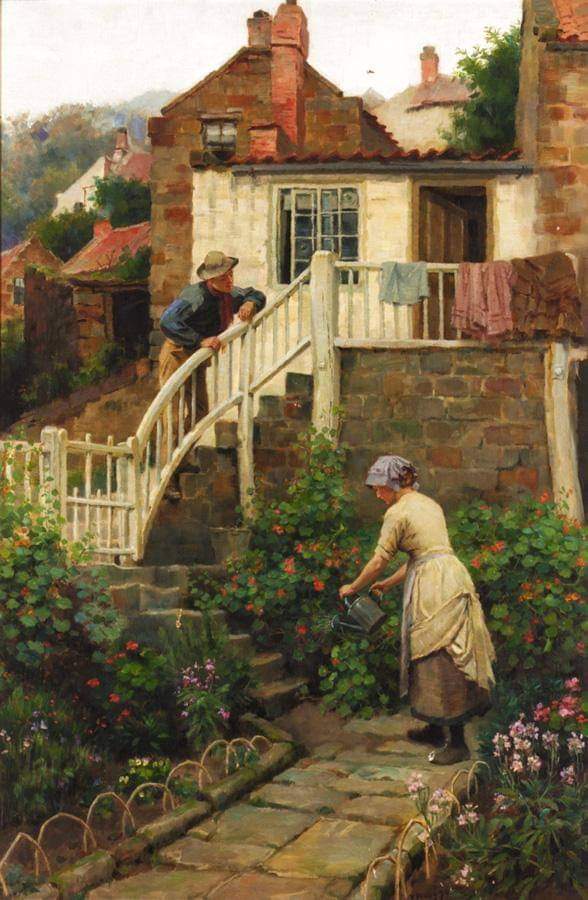 Watering the Garden by Ralph Hedley — hand-painted architectural oil painting reproduction on canvas