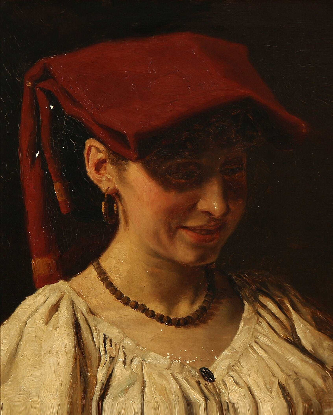 A smiling Italian woman with a red headscarf by Wenzel Tornøe — hand-painted portrait oil painting reproduction on canvas