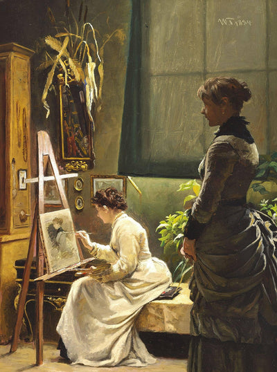 In the studio. Appraising the day's work by Wenzel Tornøe — oil painting reproduction