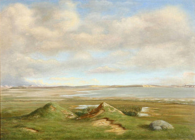 Dune landscape near a lake, a mill in the background in hallway