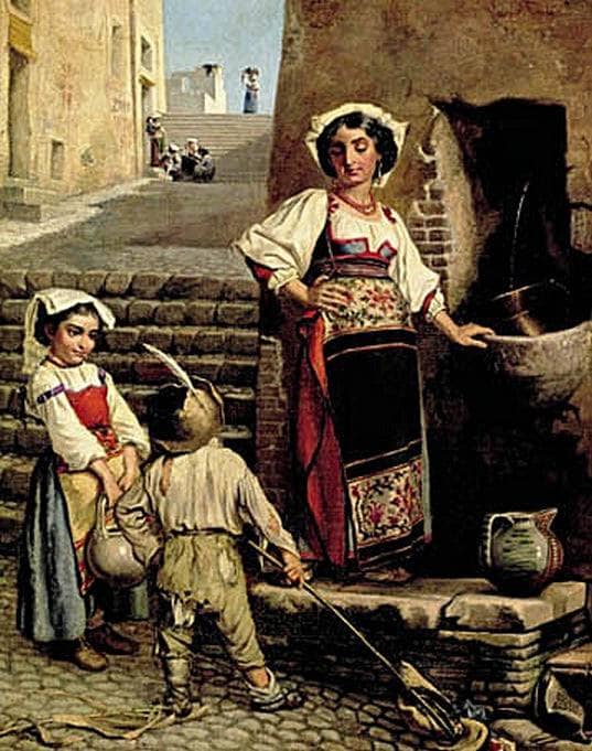 Roman street scene with a woman and two children at a well by Wenzel Tornøe — hand-painted cultural oil painting reproduction on canvas