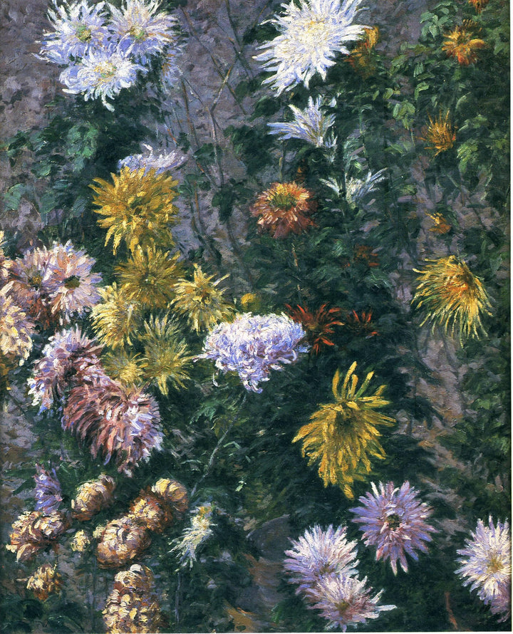 White and Yellow Chrysanthemums by Gustave Caillebotte — hand-painted botanical oil painting reproduction on canvas