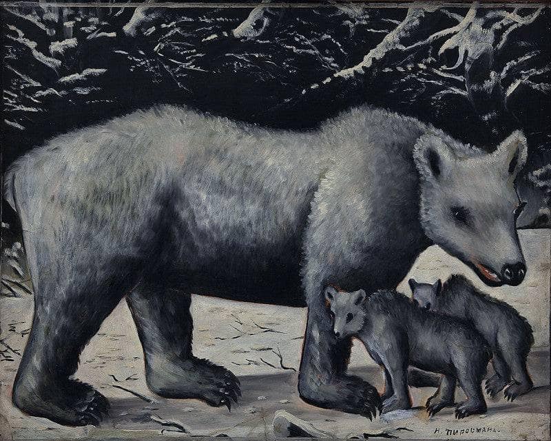 White bear with her cubs by Niko Pirosmani — hand-painted animal oil painting reproduction on canvas