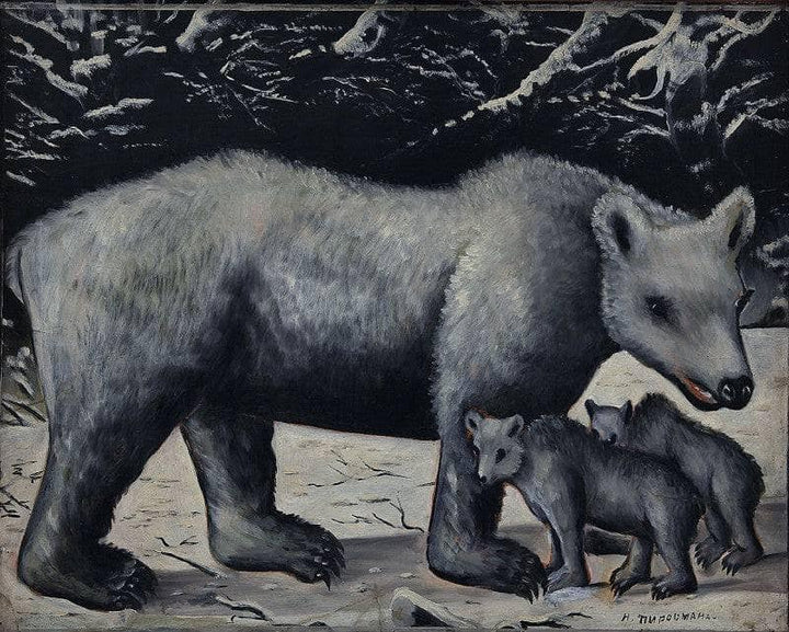 White bear with her cubs by Niko Pirosmani — hand-painted animal oil painting reproduction on canvas